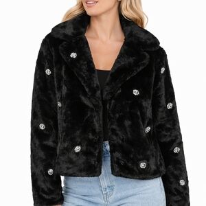 CeCe $280 Black Faux Fur Cropped Jacket w/ Crystal Embellishments | Size S